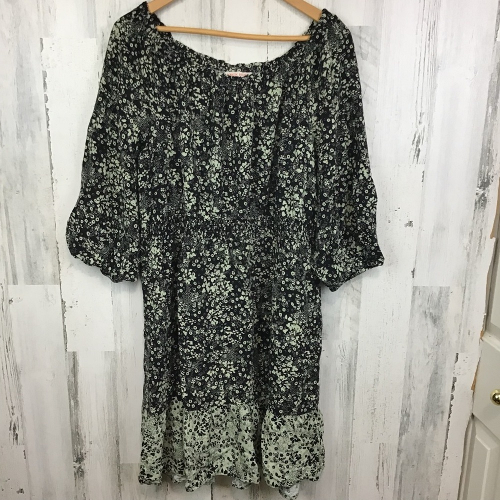 Knox Rose Dress XL Black Floral Midi Boho  Half Balloon Sleeve Elastic Ruffle